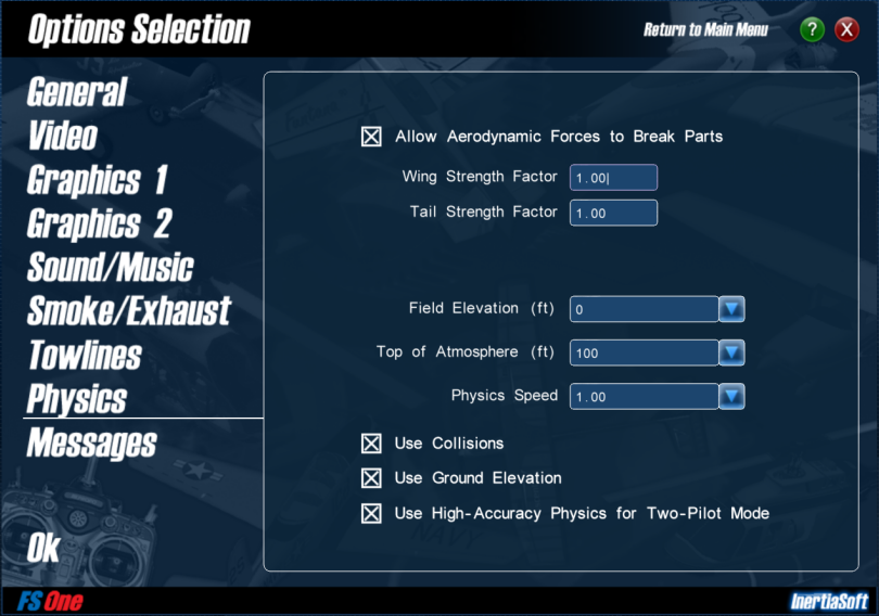 Image of the options physics settings.