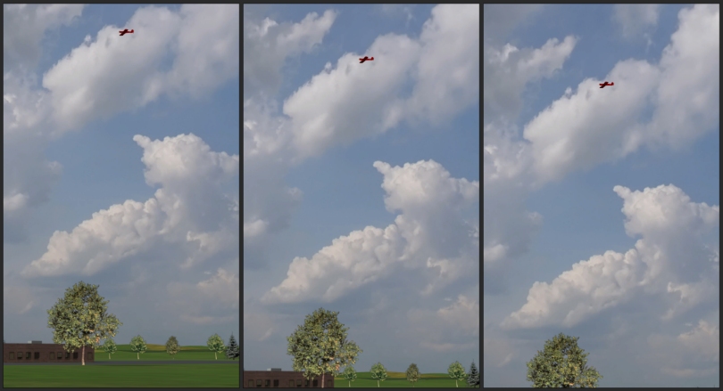 Image of the Shifted elevation views showing airplane and ground.  |br| From left to right: `Shifted-1` (most shifted), `Shifted-2`, and `Shifted-3` (least shifted).
